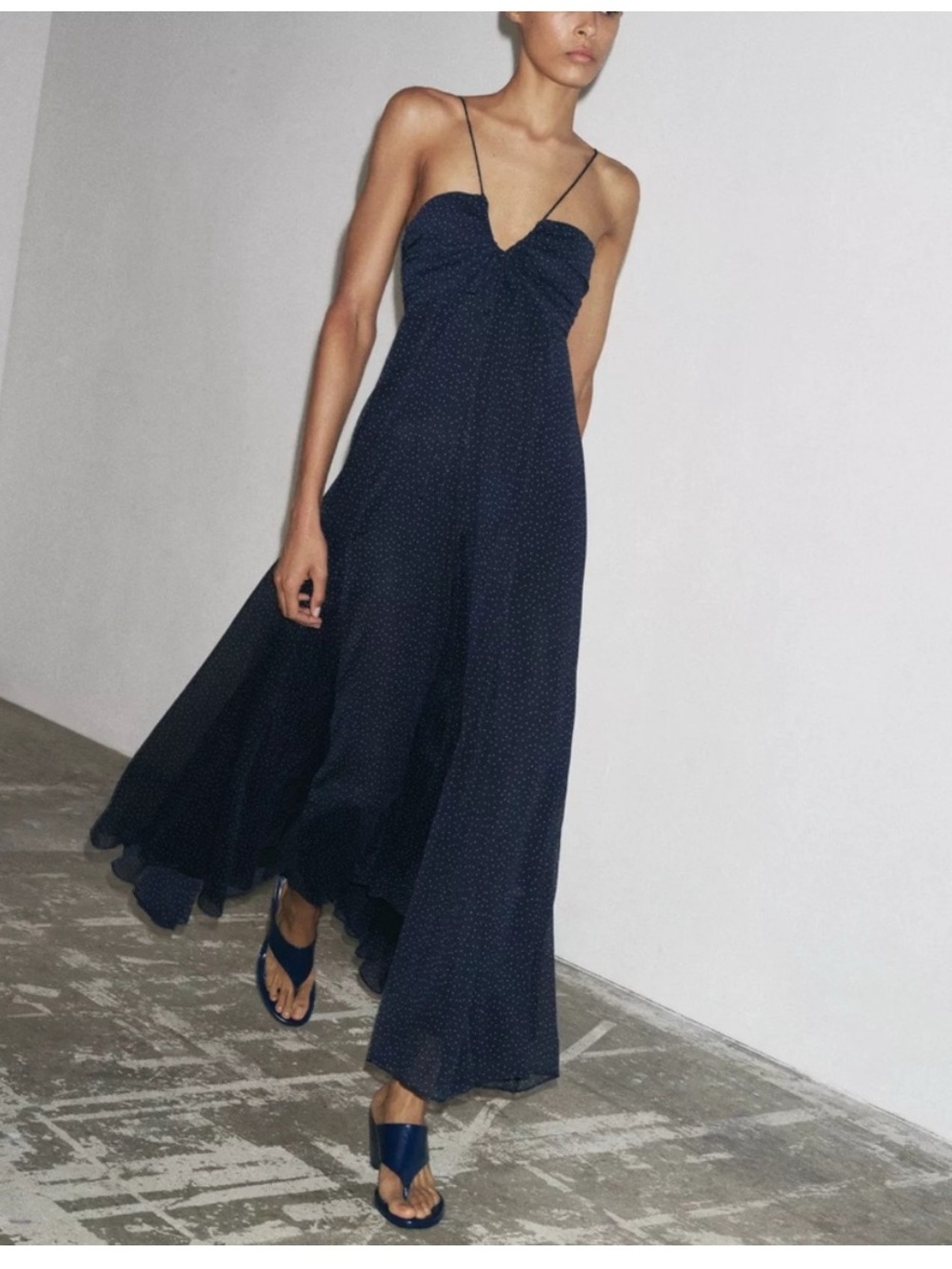 Zara Navy Blue Polka Dot Spaghetti Strap Dress